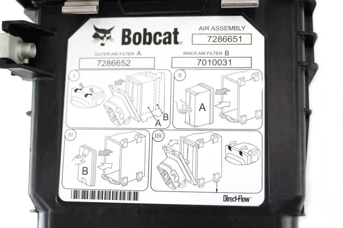 Genuine Bobcat Air Filter Housing, 7286651, holds the inner and outer air filters, showing the close up of label.