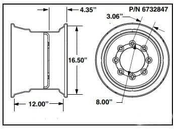 Genuine Bobcat 16.5in x 12in x 8in Wheel Rim 6732847 showing measurements