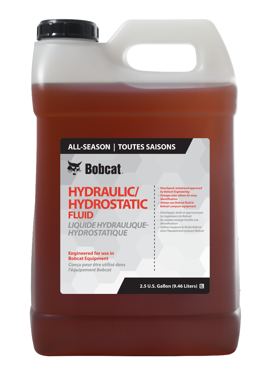 Genuine Bobcat Hydraulic/Hydrostatic Oil 2.5 Gallons, 6903117, shown in a clear 2.5 gallon bottle