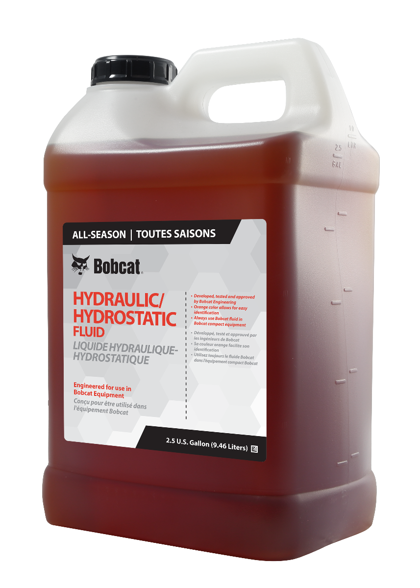 Genuine Bobcat Hydraulic/Hydrostatic Oil 2.5 Gallons, 6903117, showing the measurement lines on the side of the bottle.
