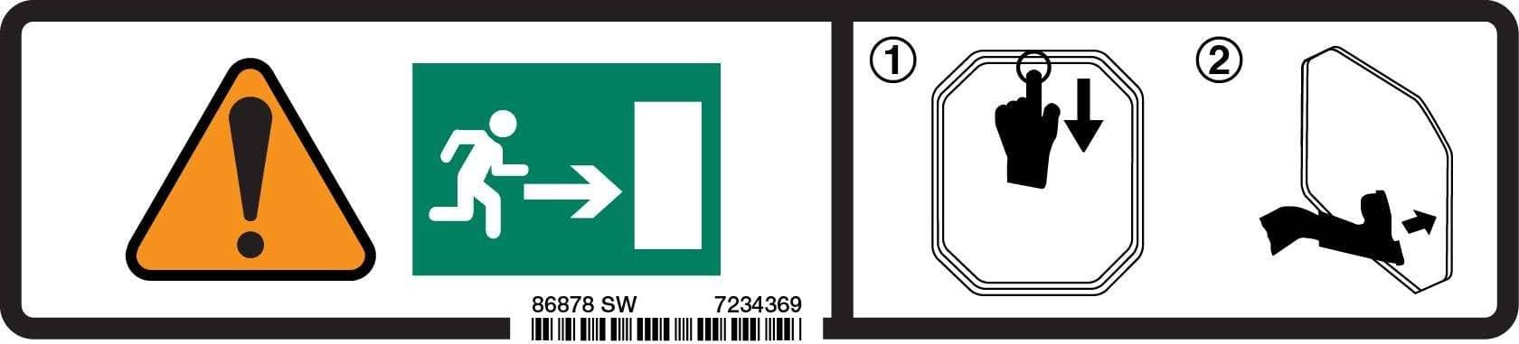 Genuine Bobcat Exit Decal, 7234369 shown with symbols on emergency exit instructions.