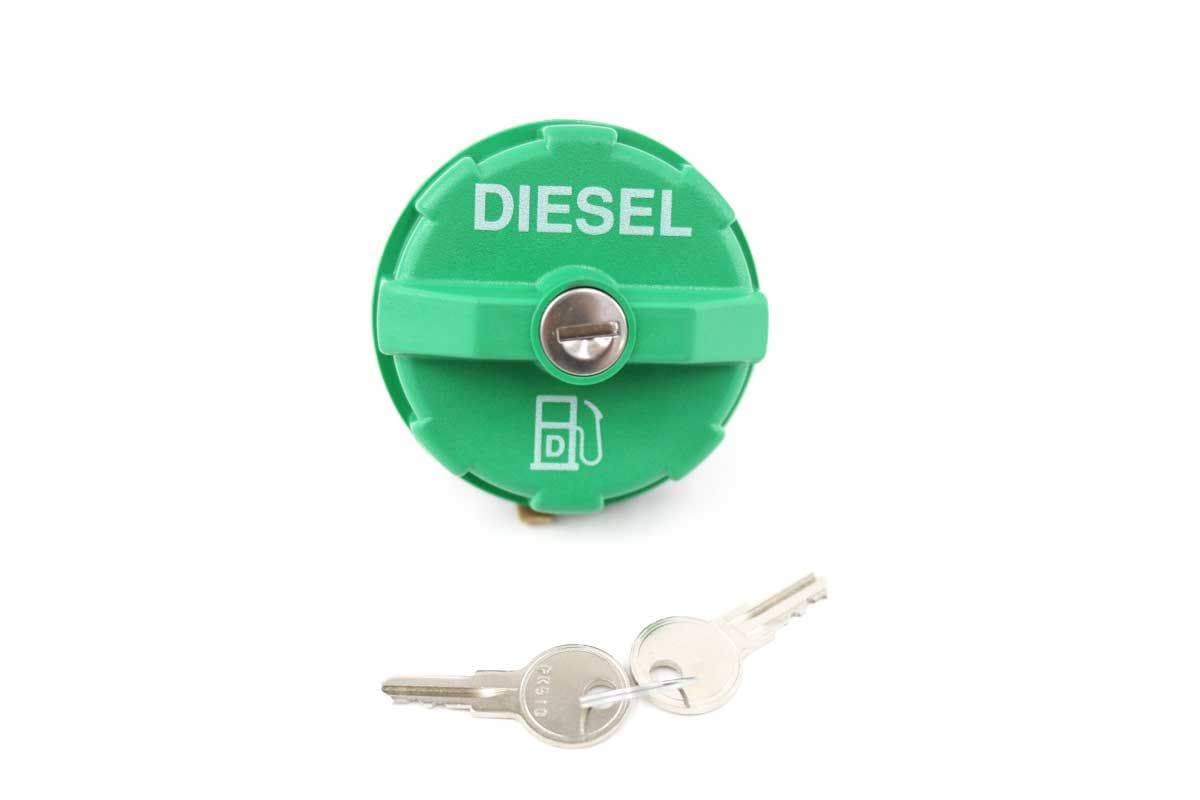 Genuine Bobcat Locking Fuel Cap, Green, 6661696 shown with keys.