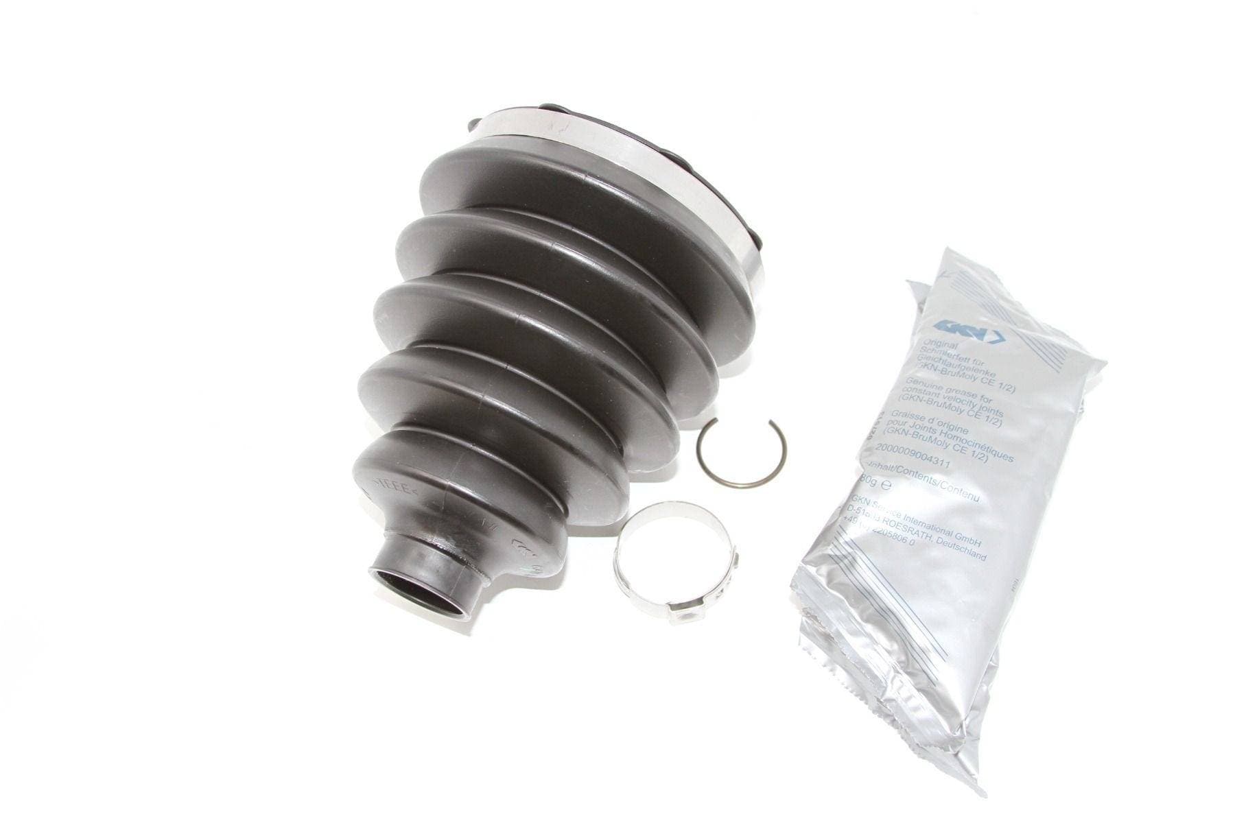 Genuine Bobcat Wheel Side Boot Kit, 6697394 showing grease, boot, and clips included in the kit, view from the top.